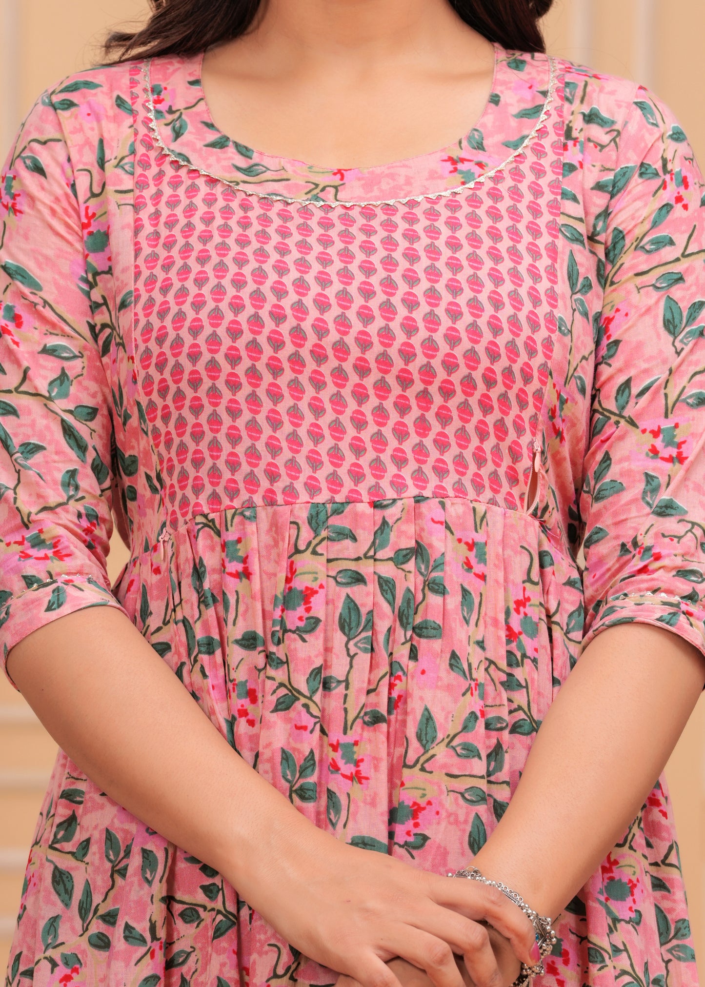 Pink peachu cotton maternity and feeding kurti
