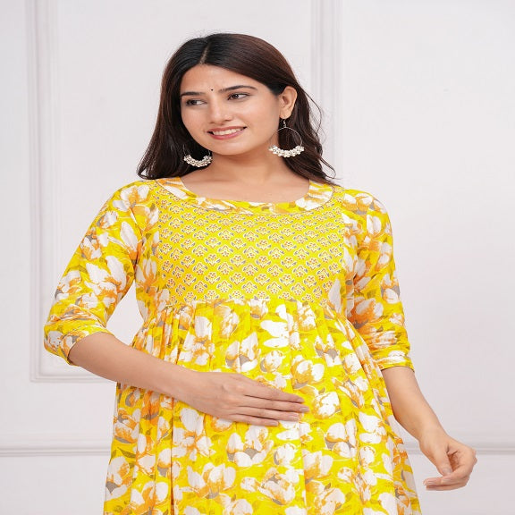 Sweet corn yellow cotton maternity and feeding kurti