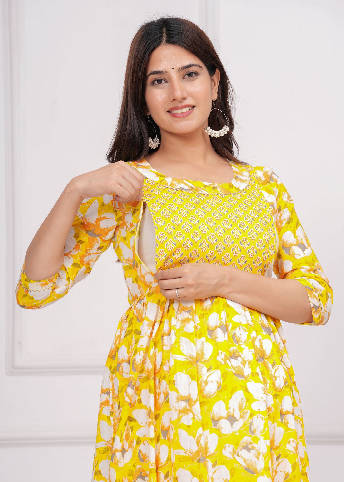 Sweet corn yellow cotton maternity and feeding kurti