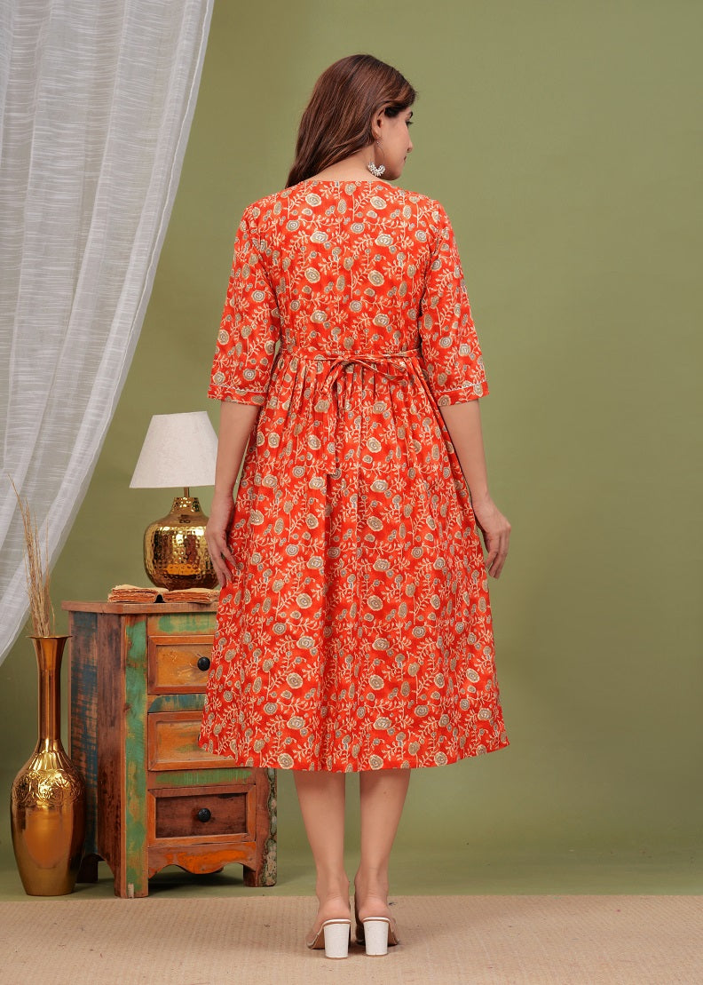 Red burming cotton maternity and feeding kurti