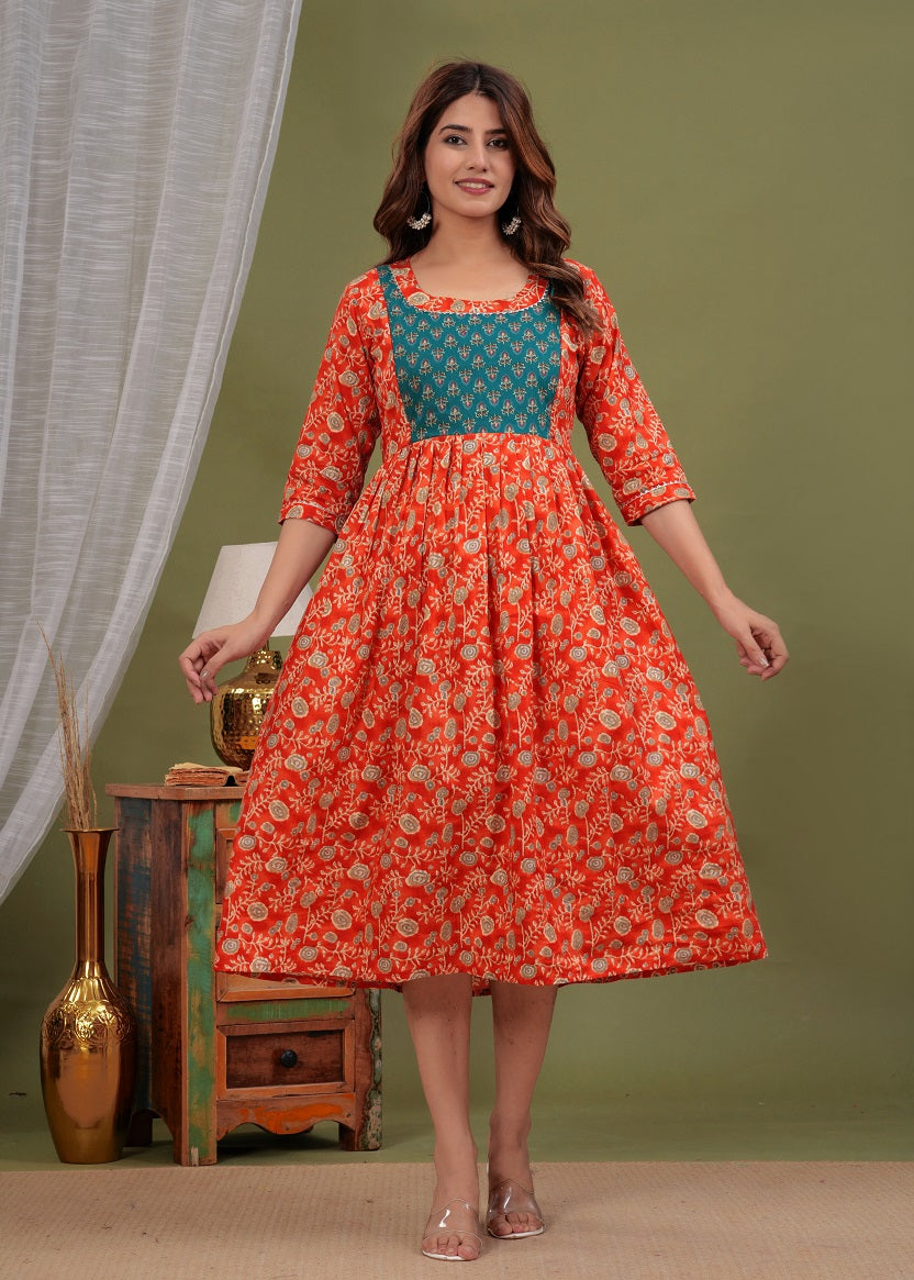 Red burming cotton maternity and feeding kurti