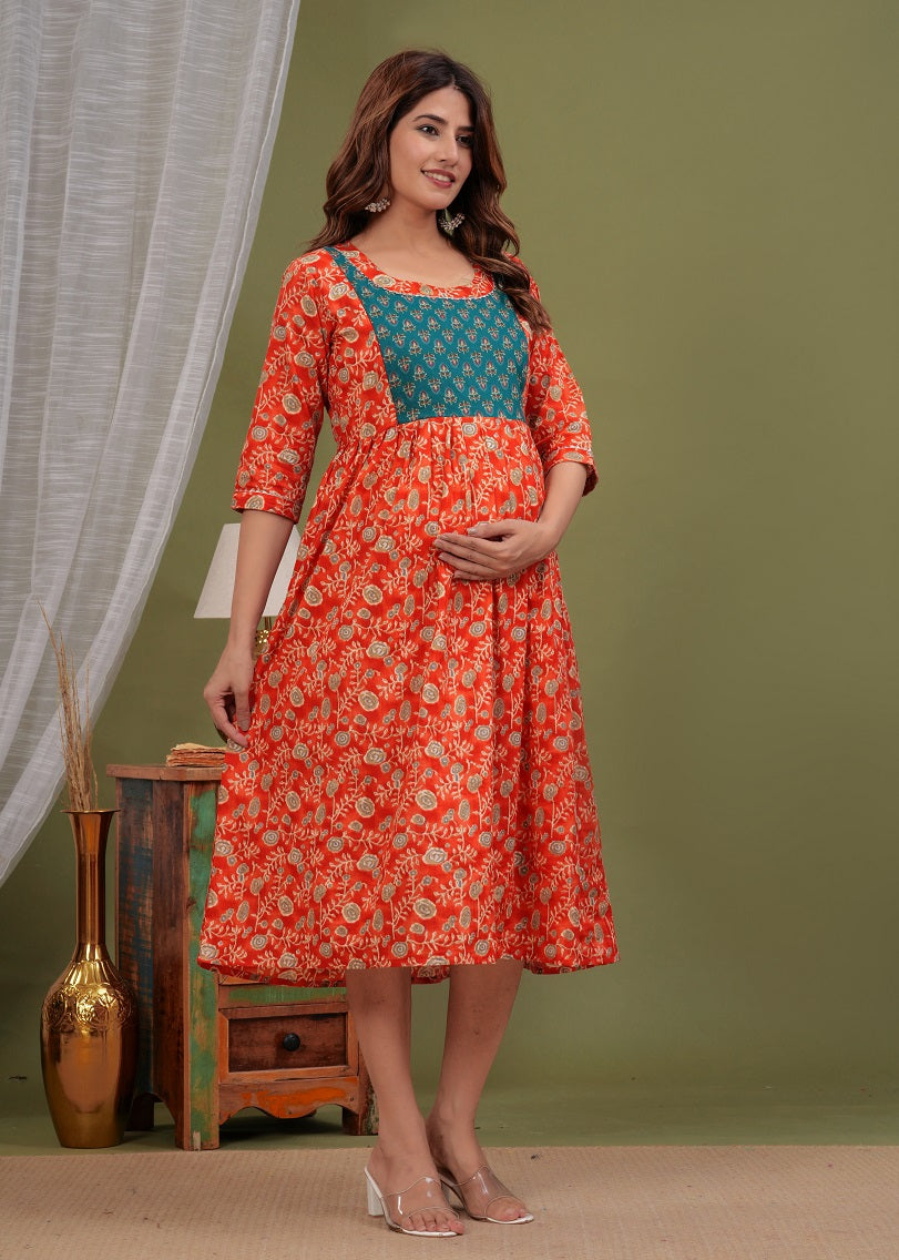 Red burming cotton maternity and feeding kurti