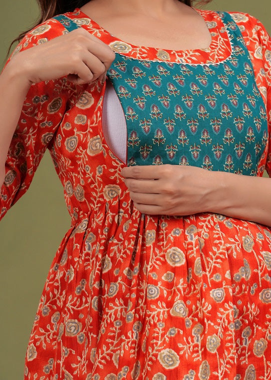 Red burming cotton maternity and feeding kurti