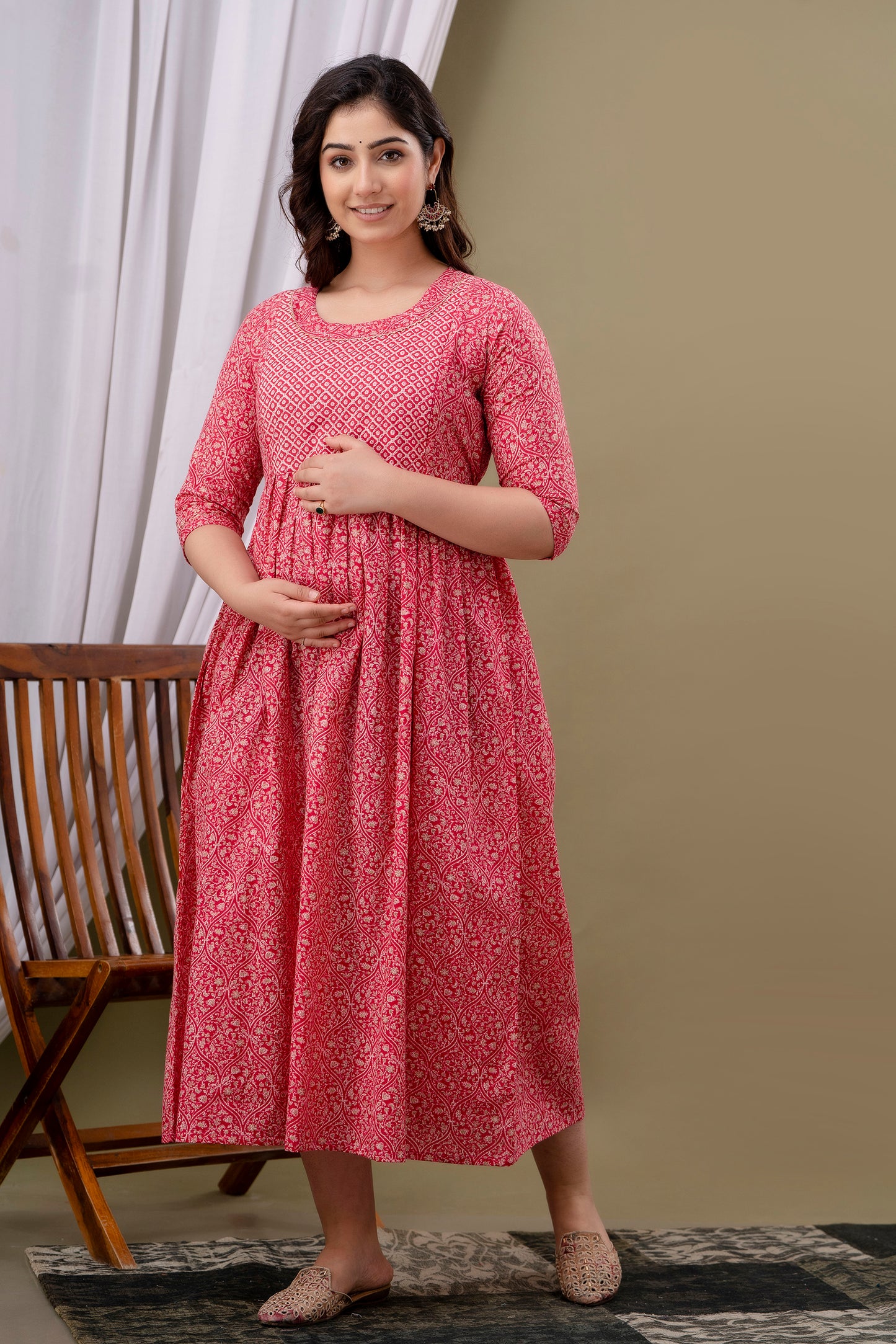 Ruby red Cotton printed maternity and feeding kurti