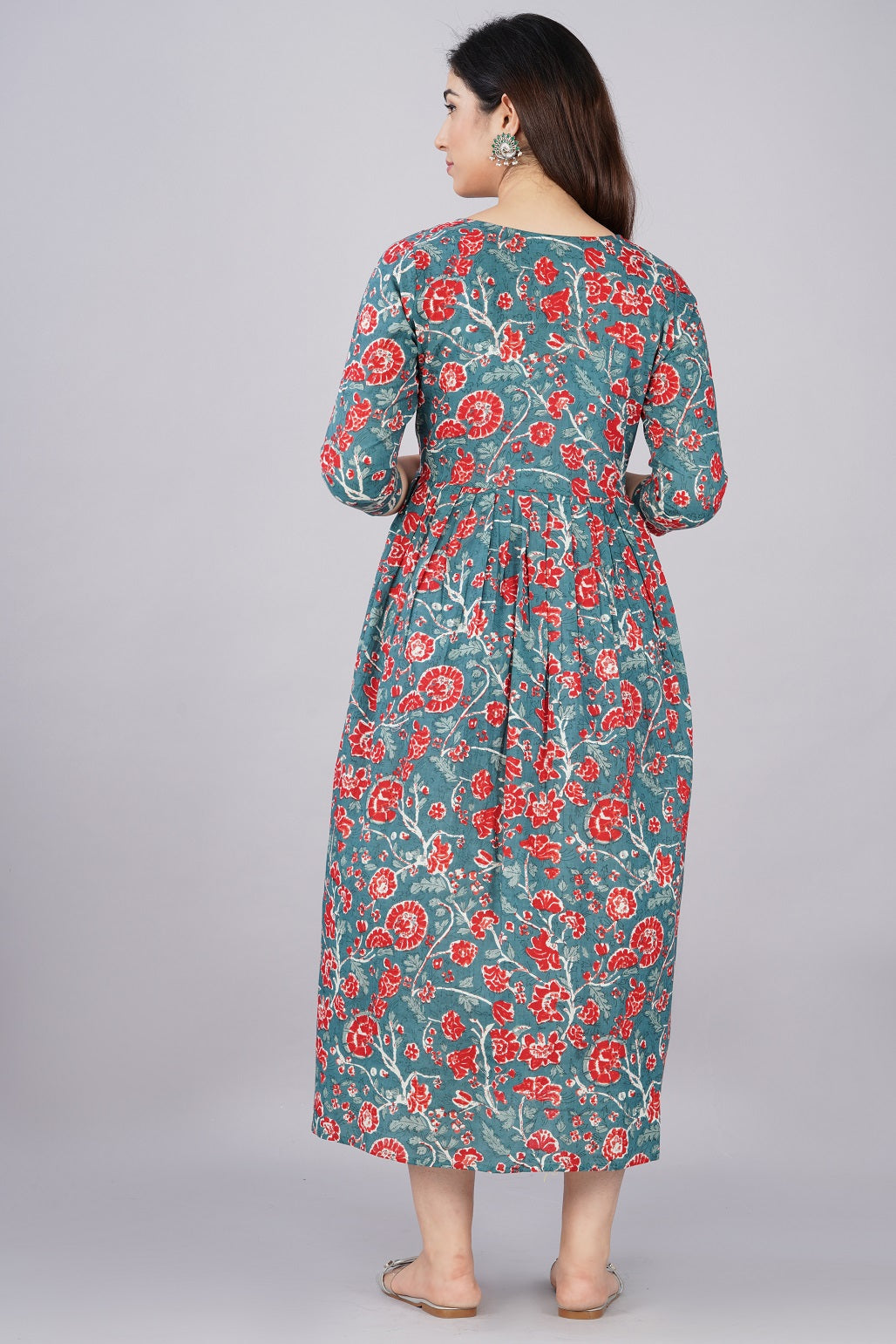 Grey red printed Cotton printed maternity and feeding kurti