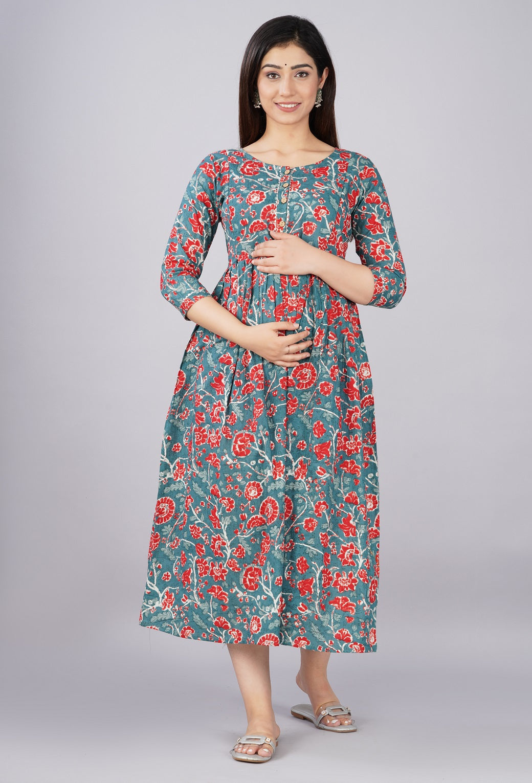 Grey red printed Cotton printed maternity and feeding kurti