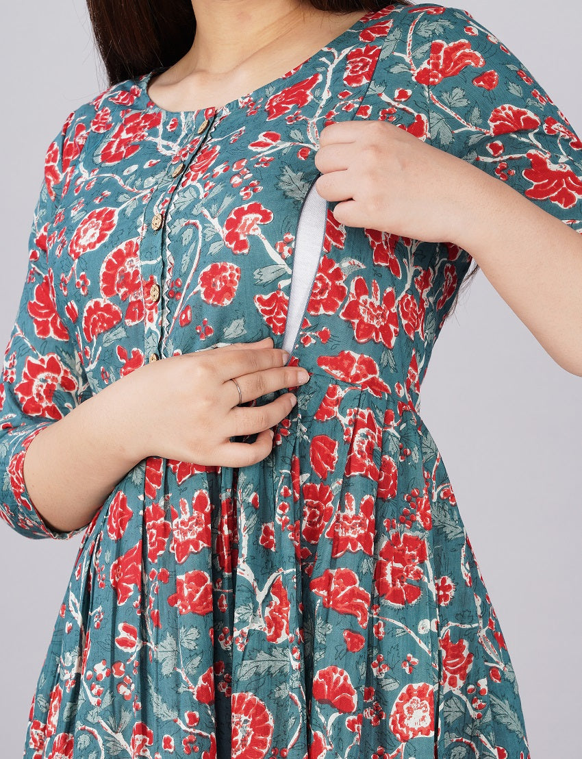 Grey red printed Cotton printed maternity and feeding kurti