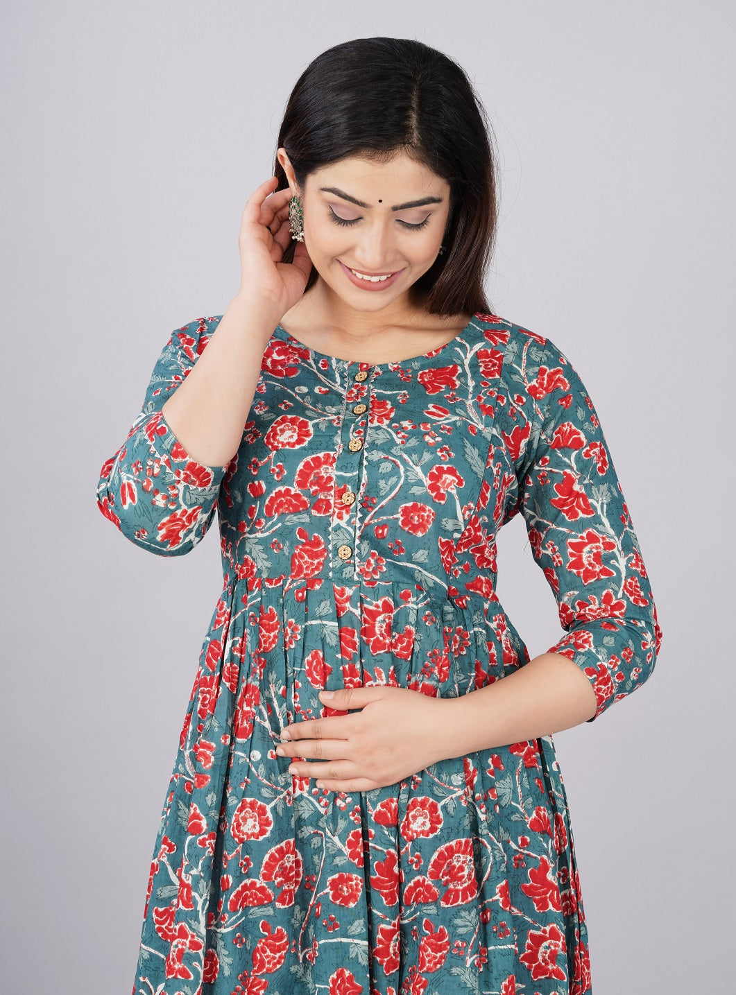 Grey red printed Cotton printed maternity and feeding kurti