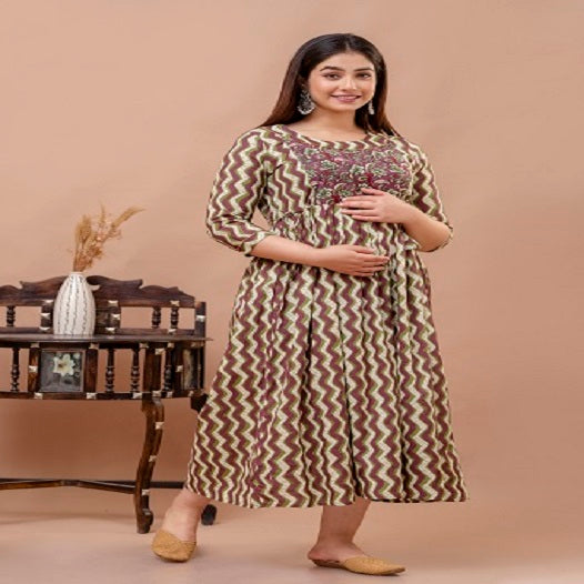 Brown floral   Cotton Printed Maternity And Feeding Kurti Combo Of 2