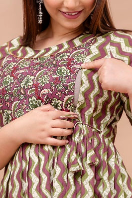 Brown floral   Cotton Printed Maternity And Feeding Kurti Combo Of 2