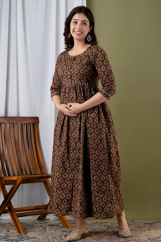 Brown floral   Cotton Printed Maternity And Feeding Kurti Combo Of 2
