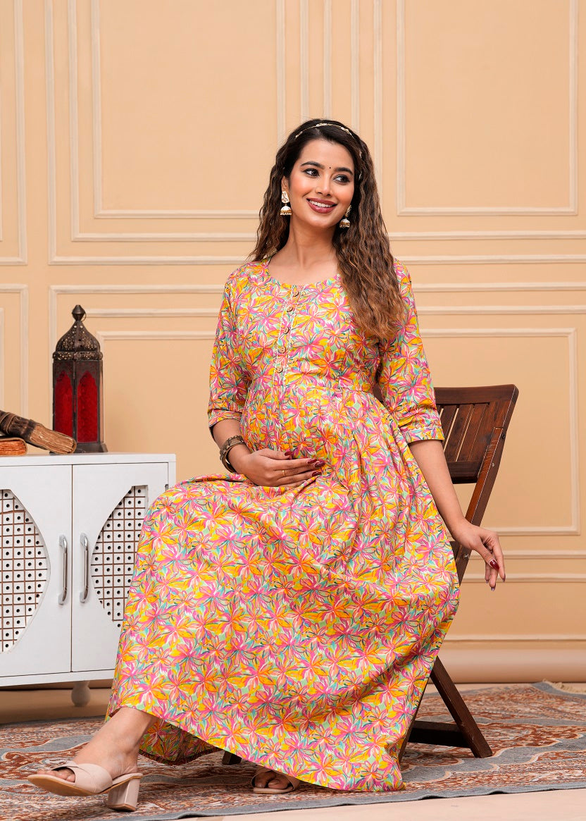 English Peach floral  cotton maternity and feeding kurti