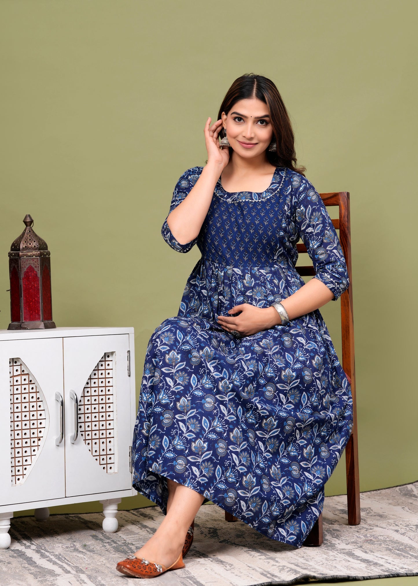Blue white patti cotton maternity and feeding kurti