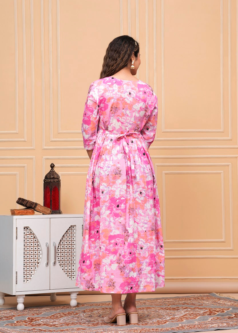 Pink white floral cotton maternity and feeding kurti