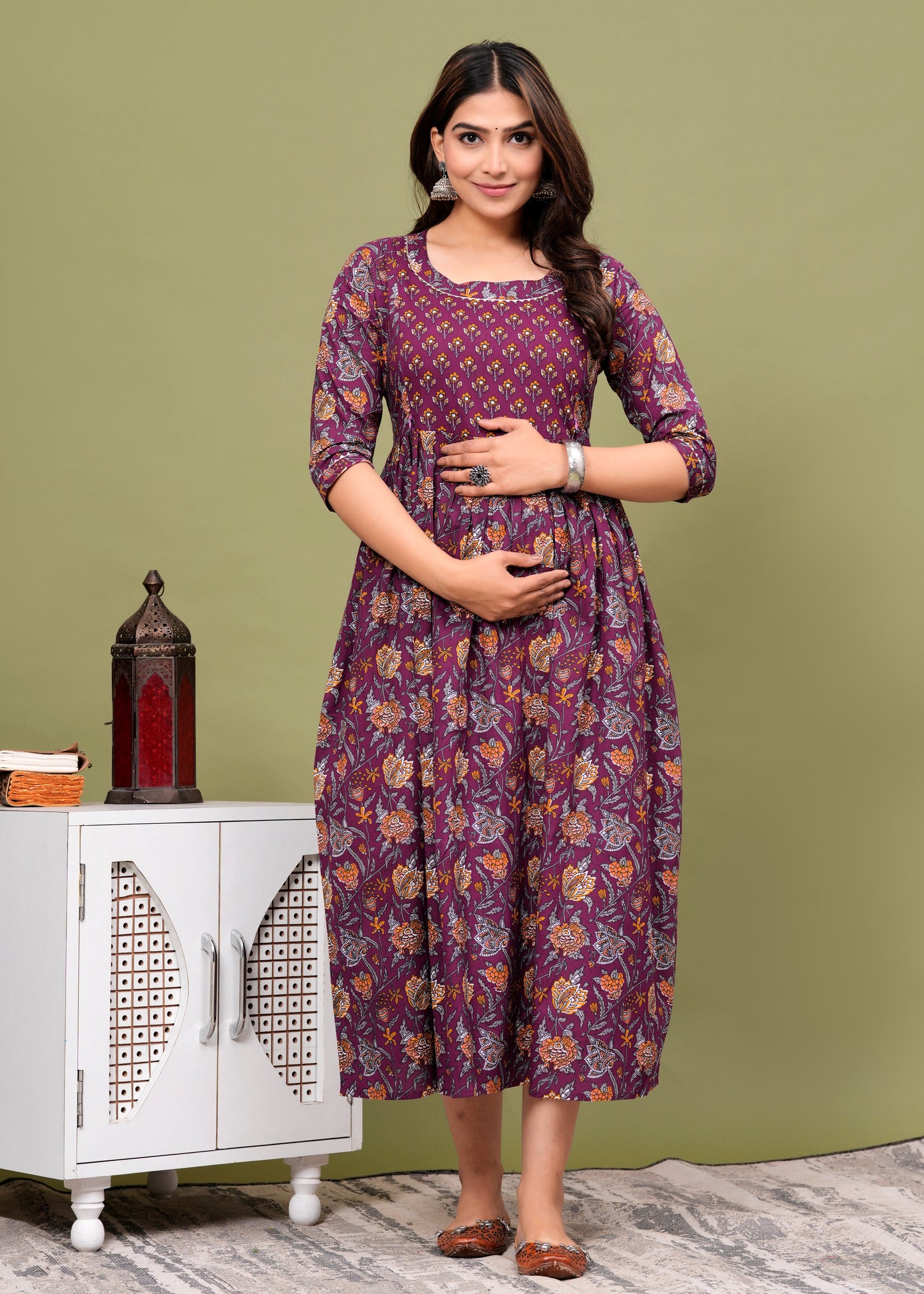 Purple Leave  cotton maternity and feeding kurti