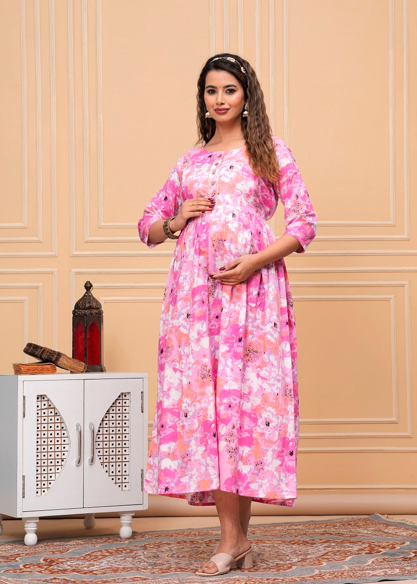 Pink white floral cotton maternity and feeding kurti