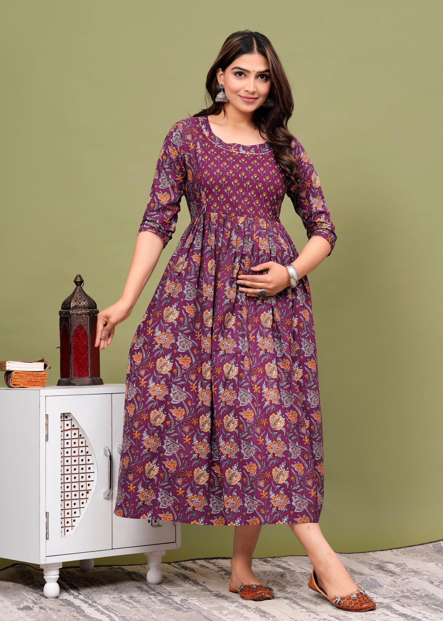 Purple Leave  cotton maternity and feeding kurti