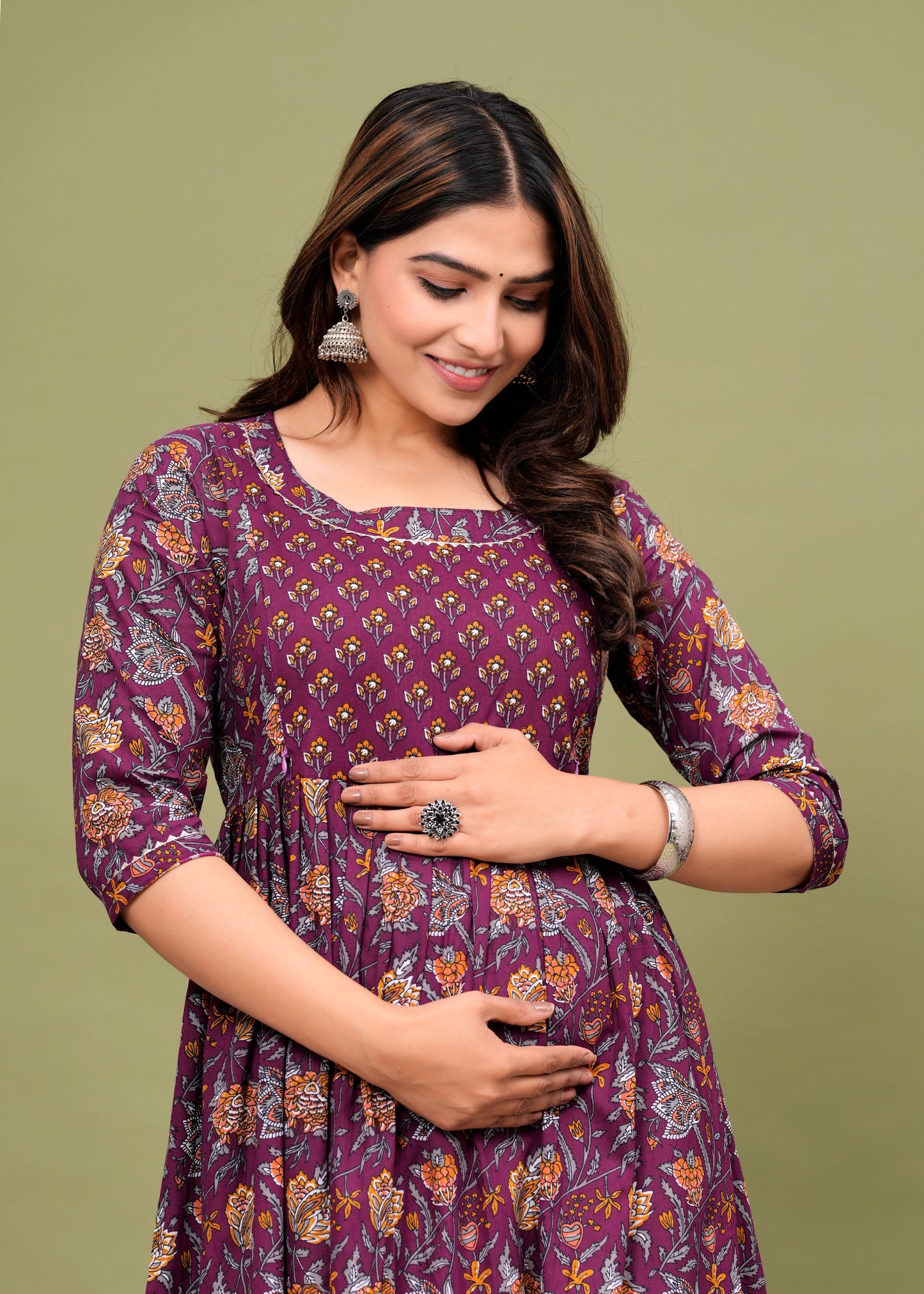 Purple Leave  cotton maternity and feeding kurti