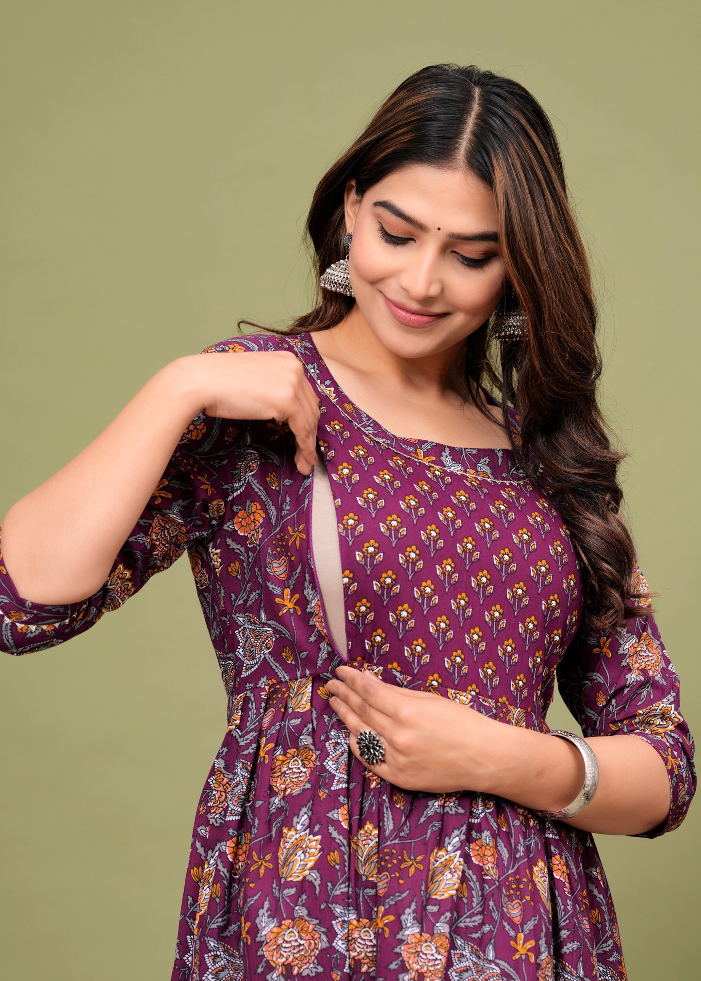Purple Leave  cotton maternity and feeding kurti