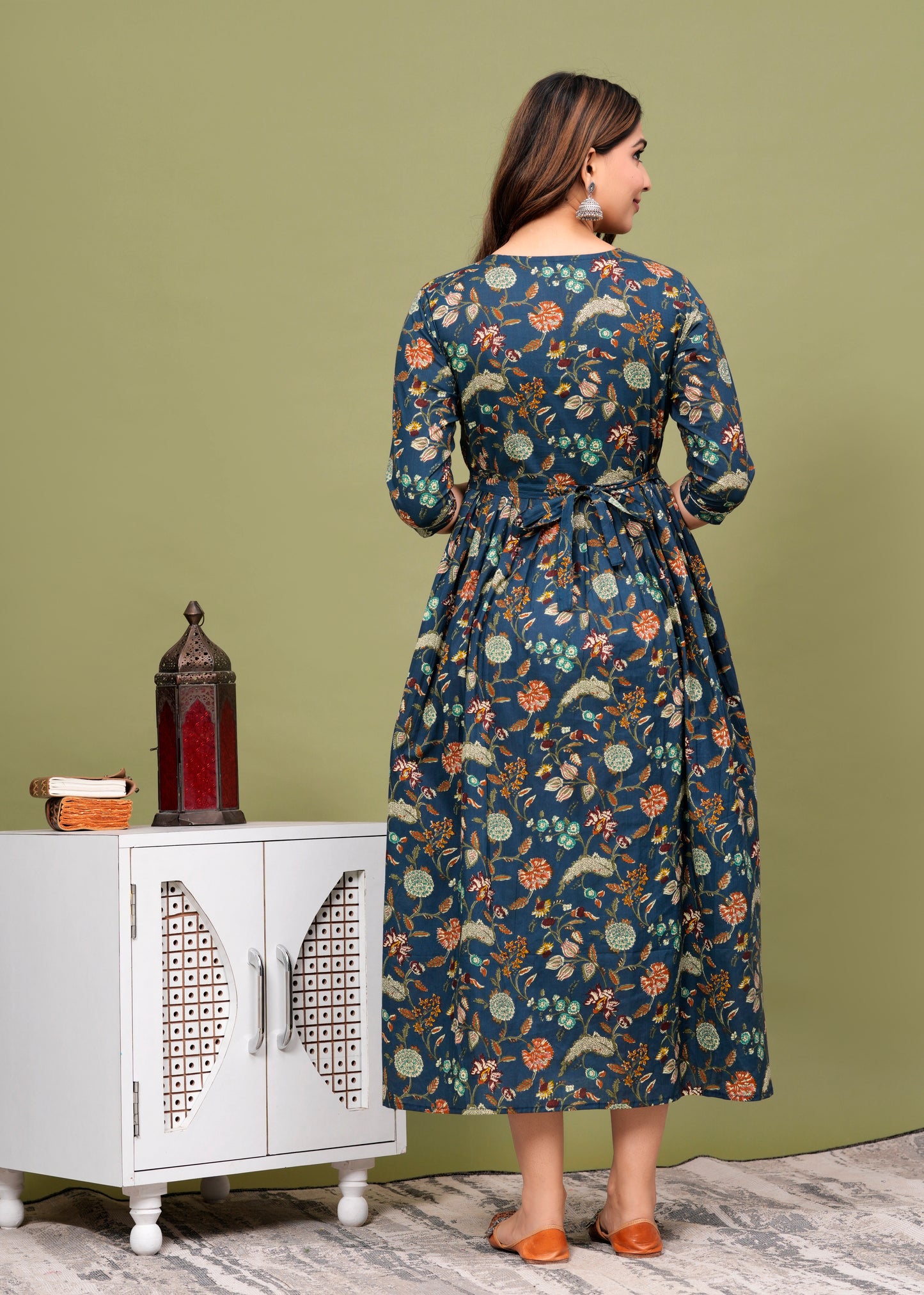 blue with short lahriya floral cotton maternity and feeding kurti