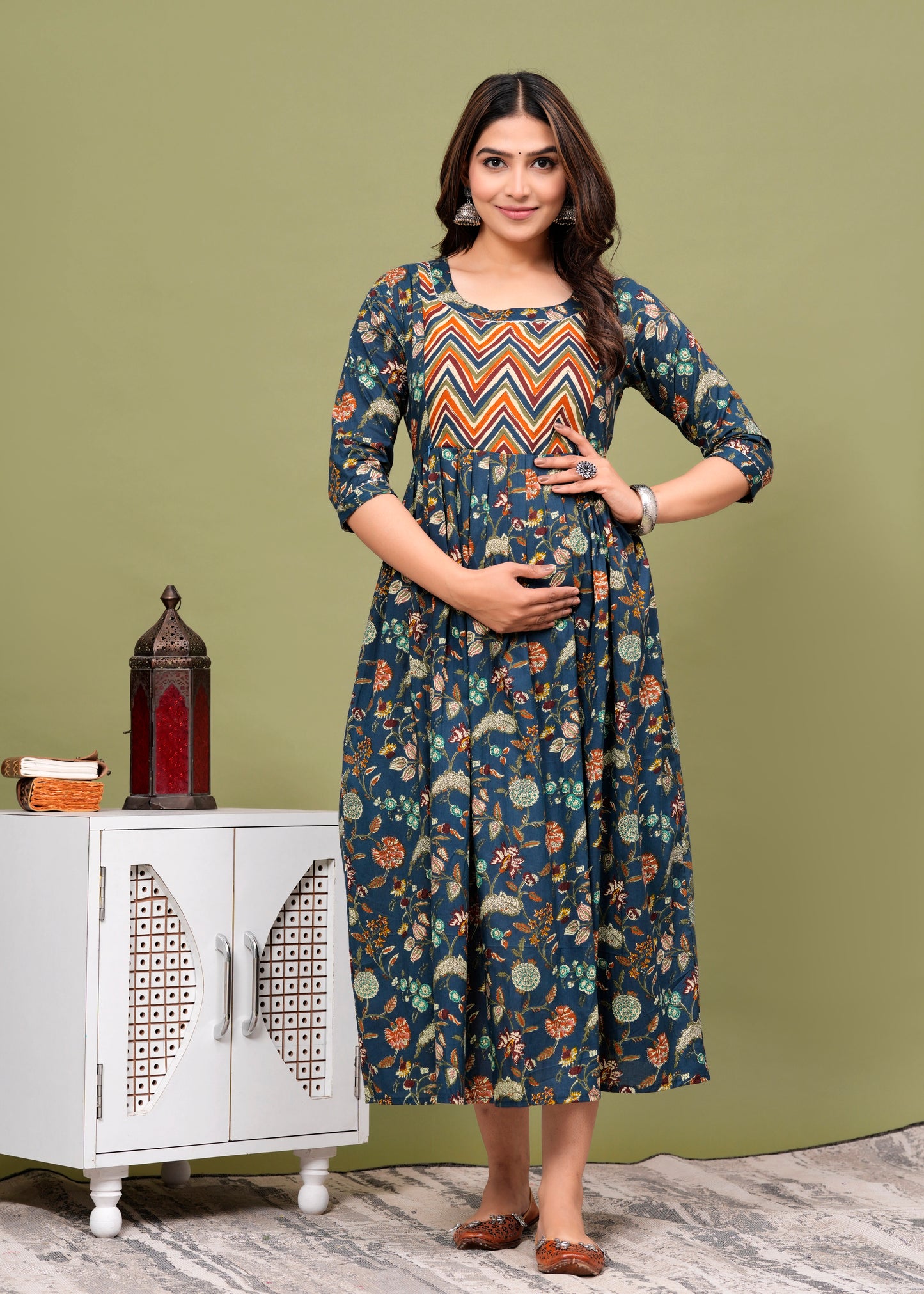 blue with short lahriya floral cotton maternity and feeding kurti