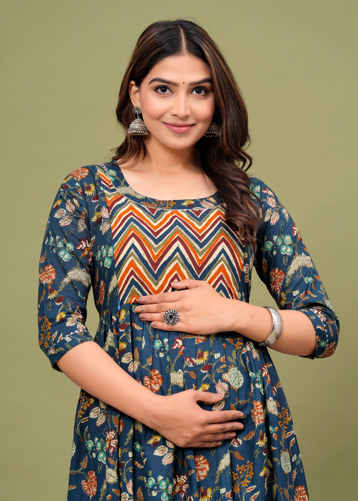 blue with short lahriya floral cotton maternity and feeding kurti