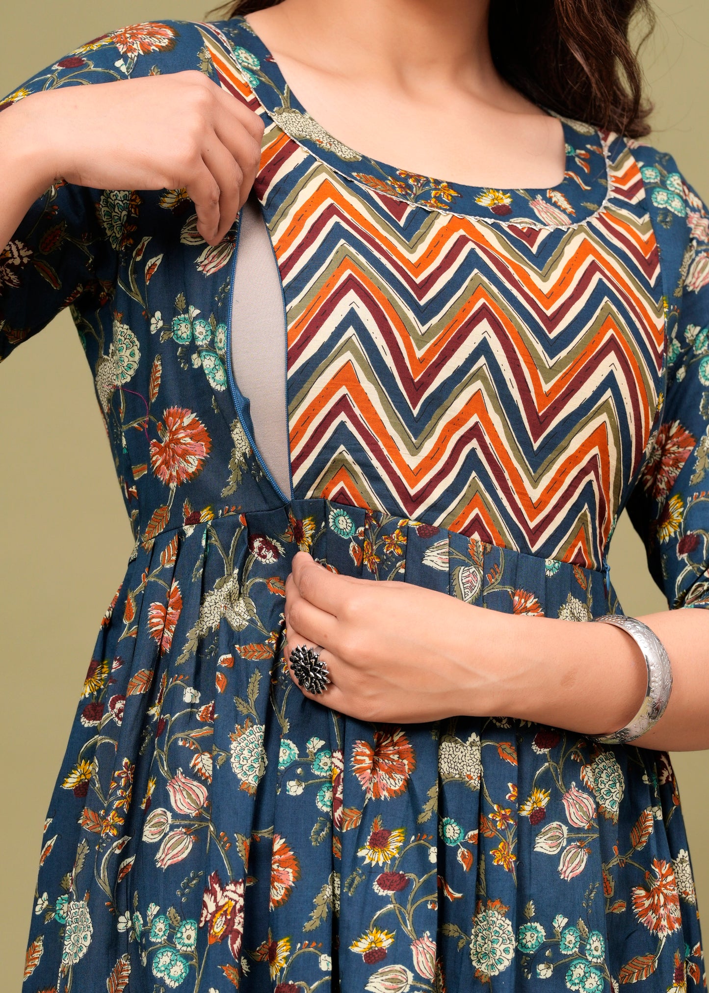 blue with short lahriya floral cotton maternity and feeding kurti