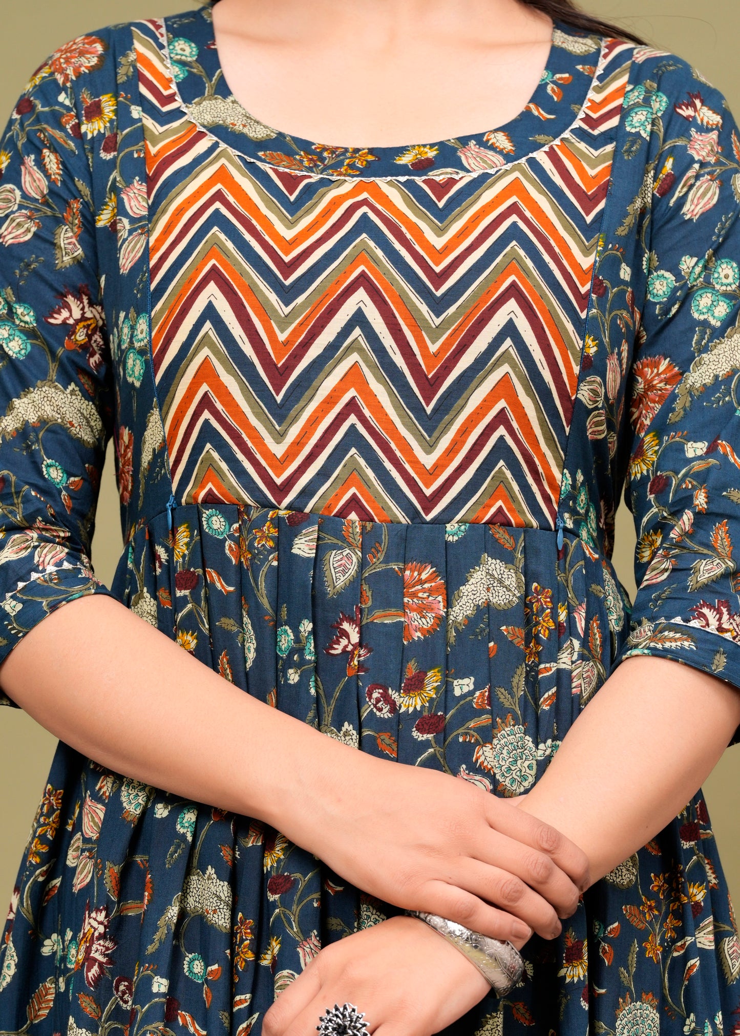 blue with short lahriya floral cotton maternity and feeding kurti