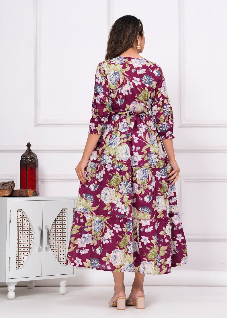 Magenta flower  cotton maternity and feeding kurti