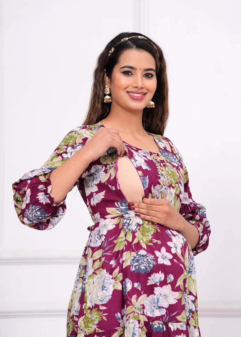 Magenta flower  cotton maternity and feeding kurti
