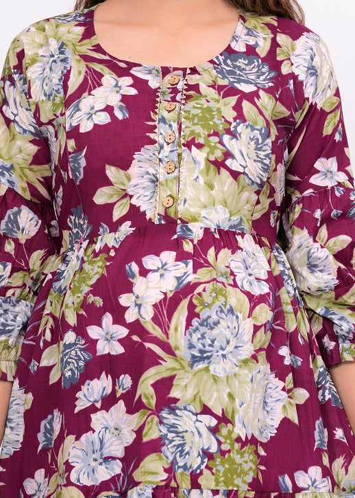 Magenta flower  cotton maternity and feeding kurti