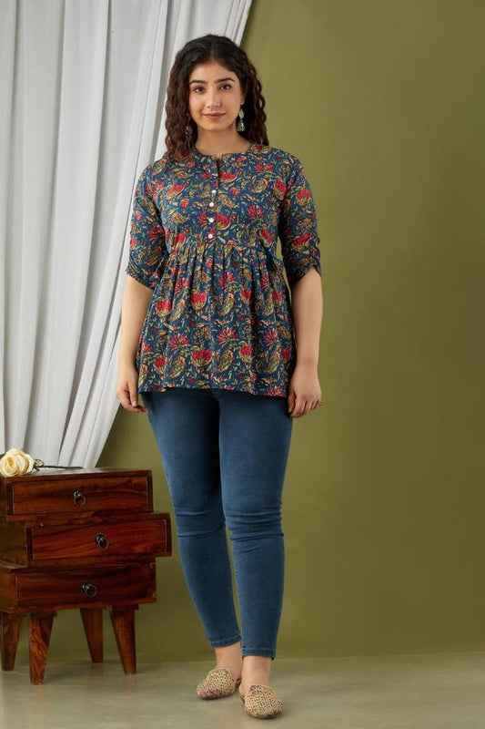 Blue red  cotton printed top