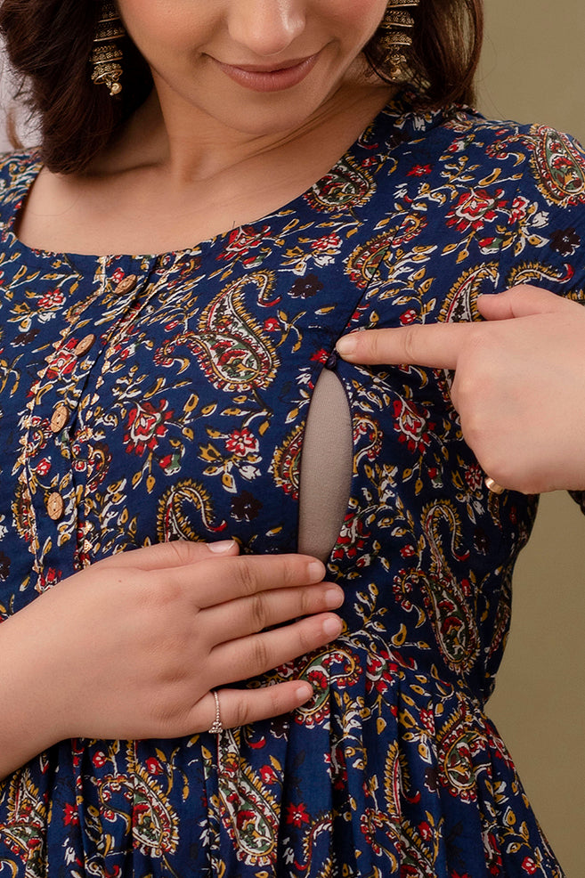 Blue carry  Cotton maternity and feeding kurti