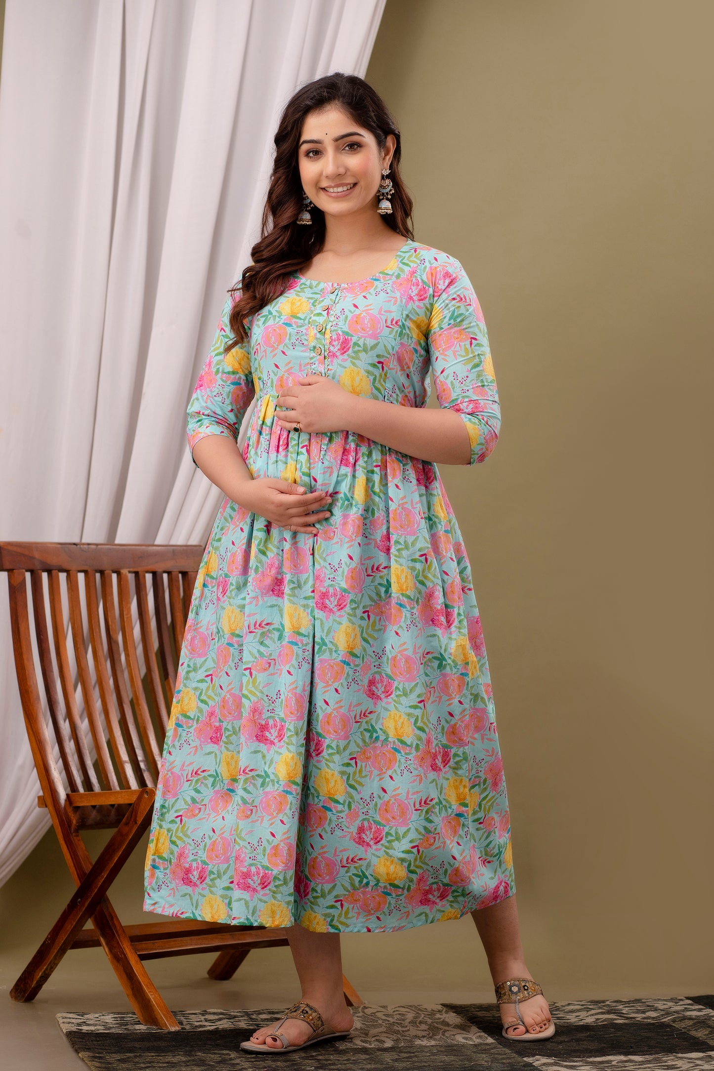 Blue multi floral Cotton maternity and feeding kurti
