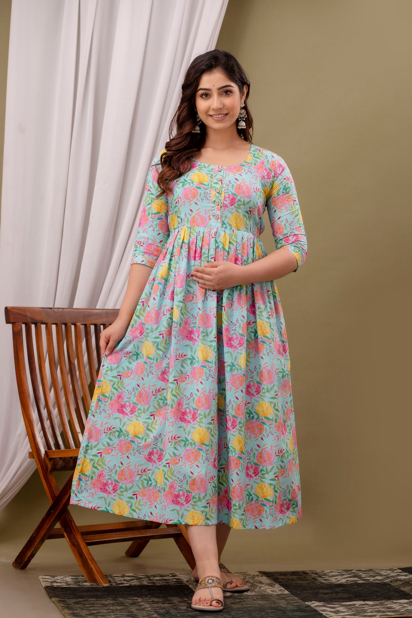 Blue multi floral Cotton maternity and feeding kurti