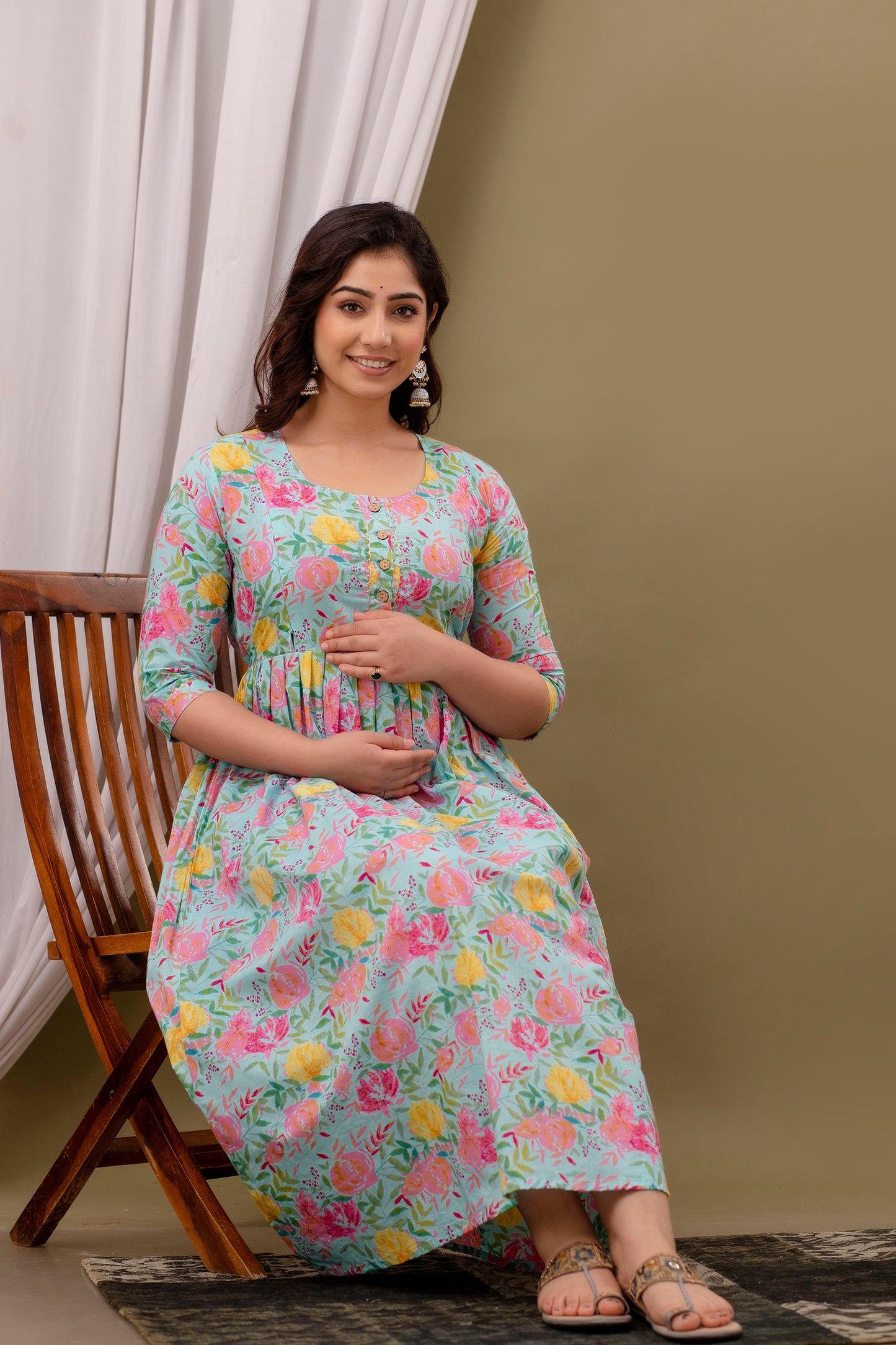 Blue multi floral Cotton maternity and feeding kurti