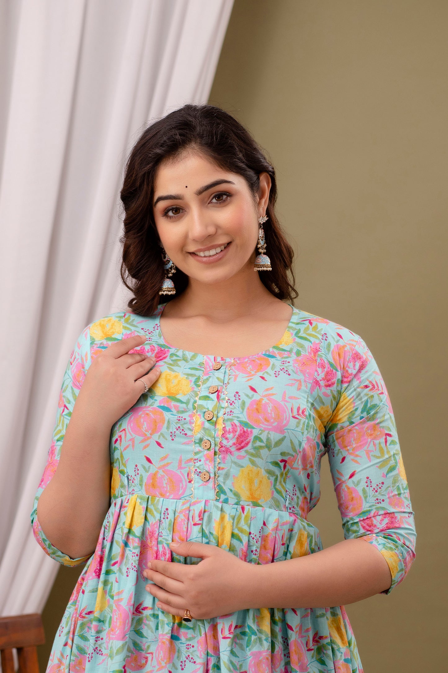 Blue multi floral Cotton maternity and feeding kurti