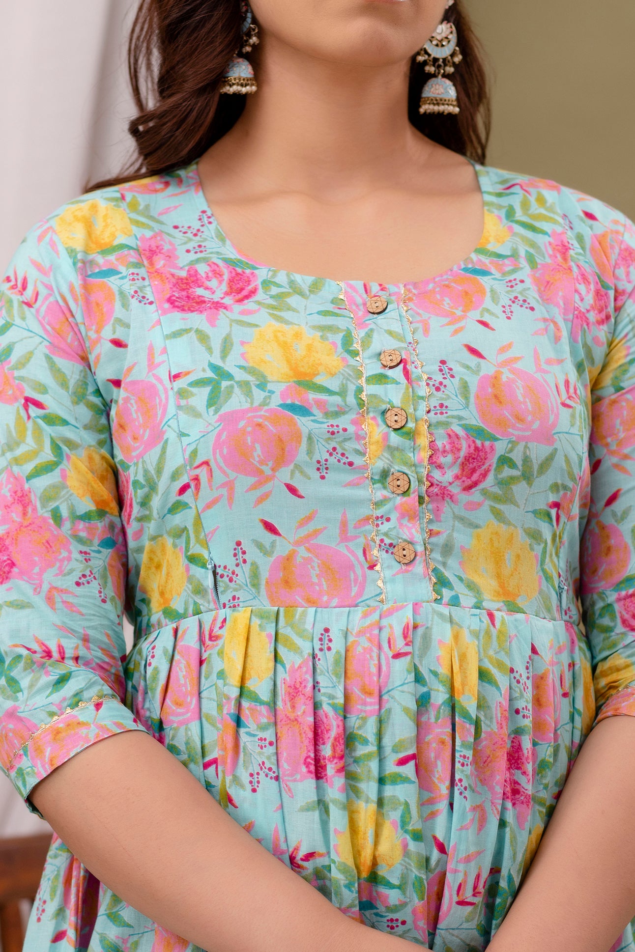 Blue multi floral Cotton maternity and feeding kurti