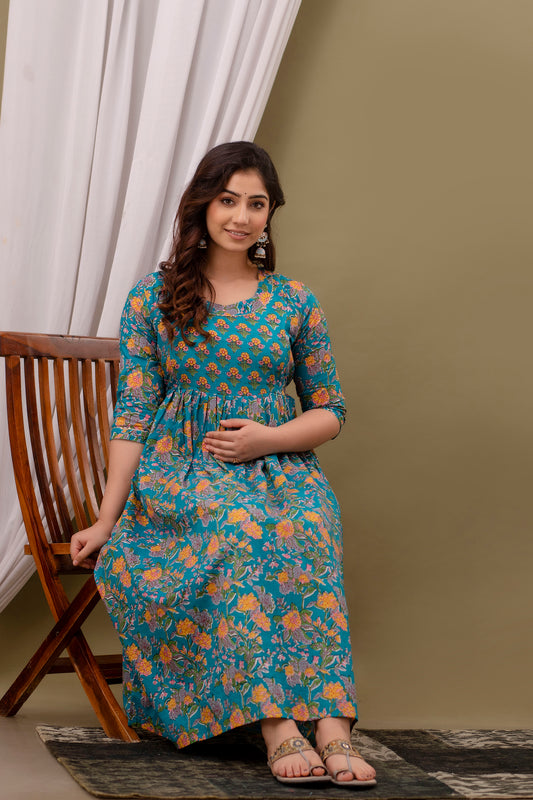 Blue yellow flower Cotton maternity and feeding kurti