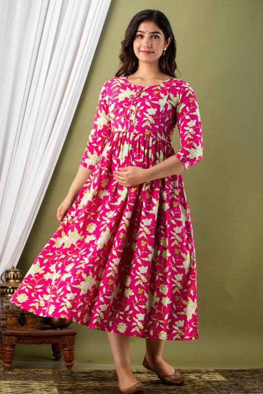 Pink white flower Cotton maternity and feeding kurti
