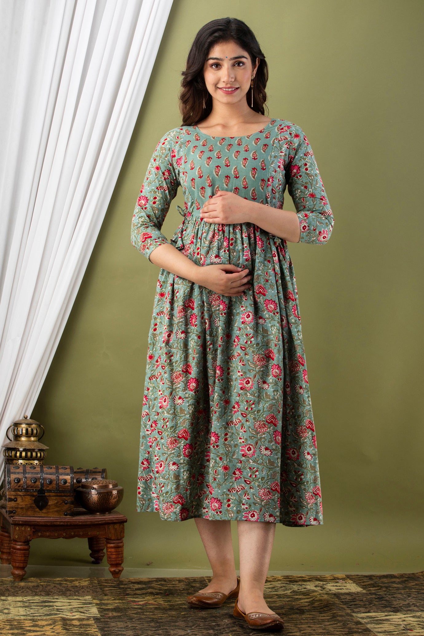 Grey red patti Cotton maternity and feeding kurti