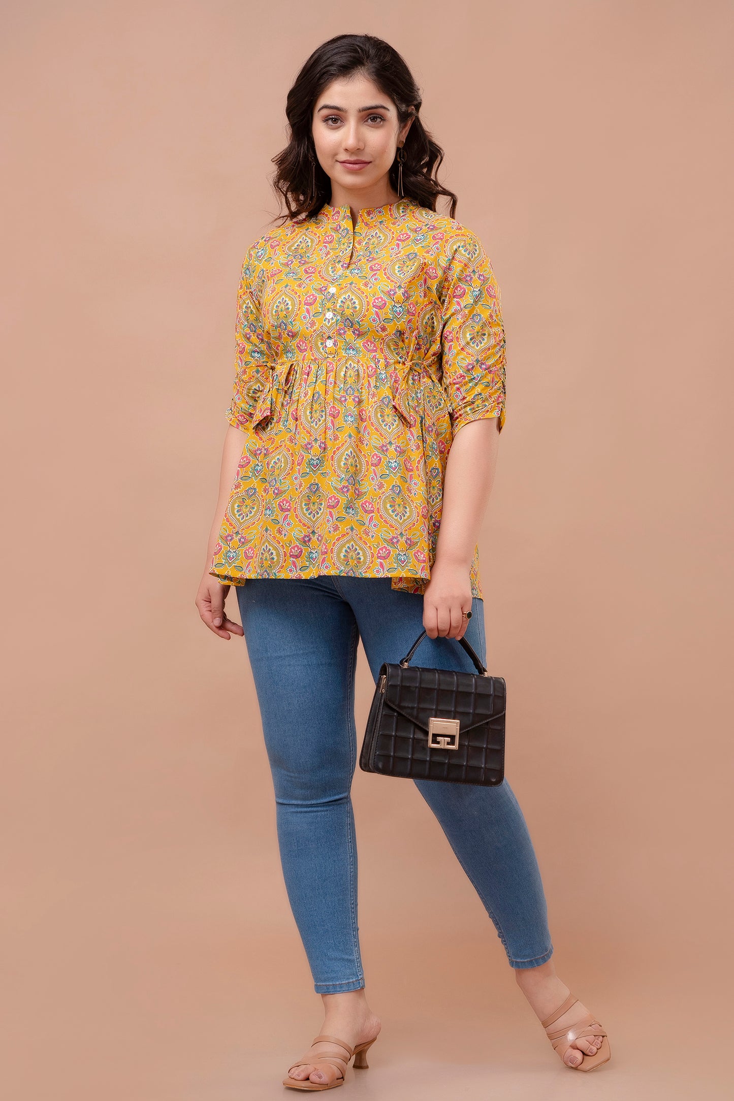 Yellow carry cotton printed top