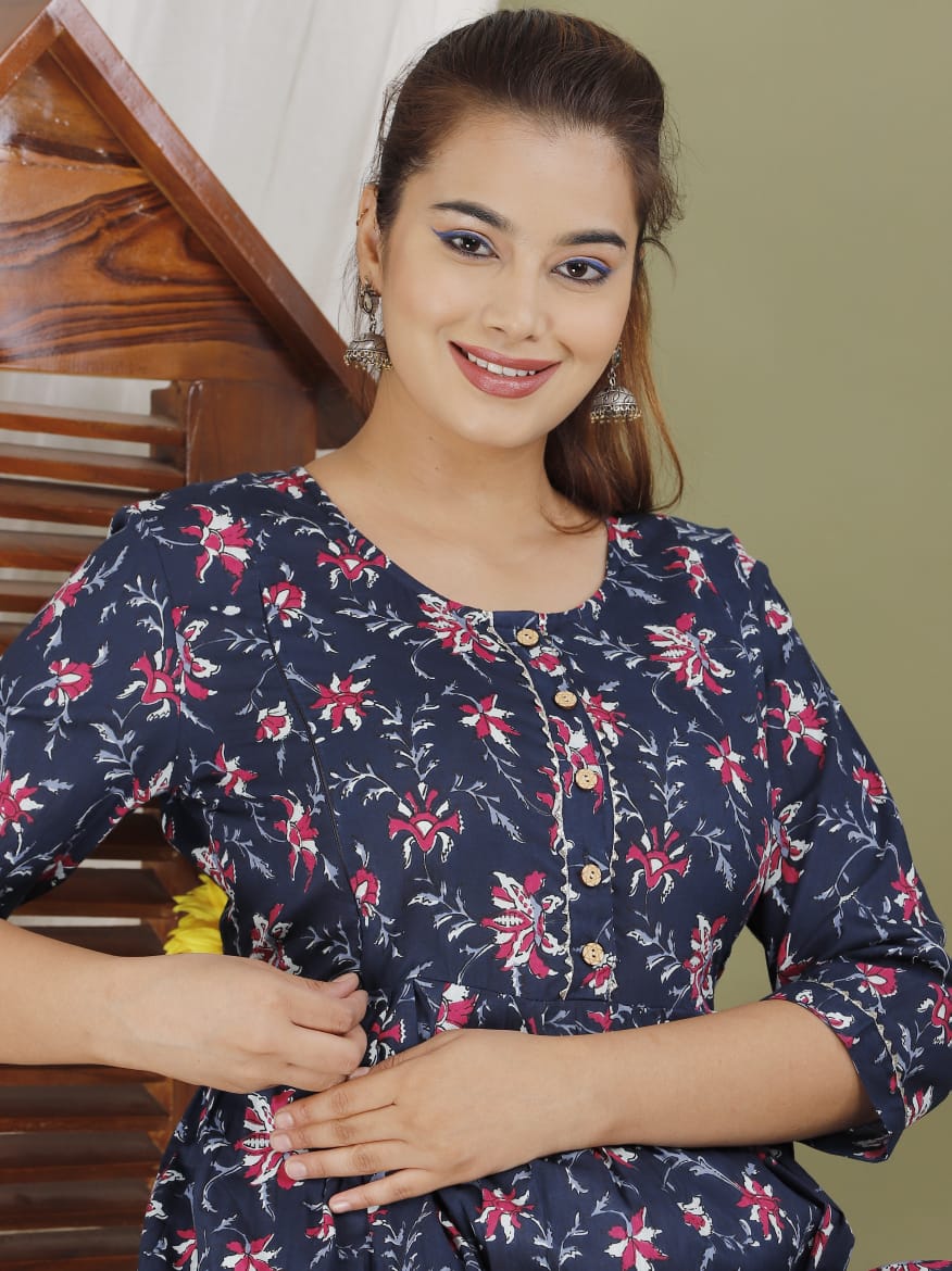 Blue patti  Cotton  printed maternity and feeding kurti