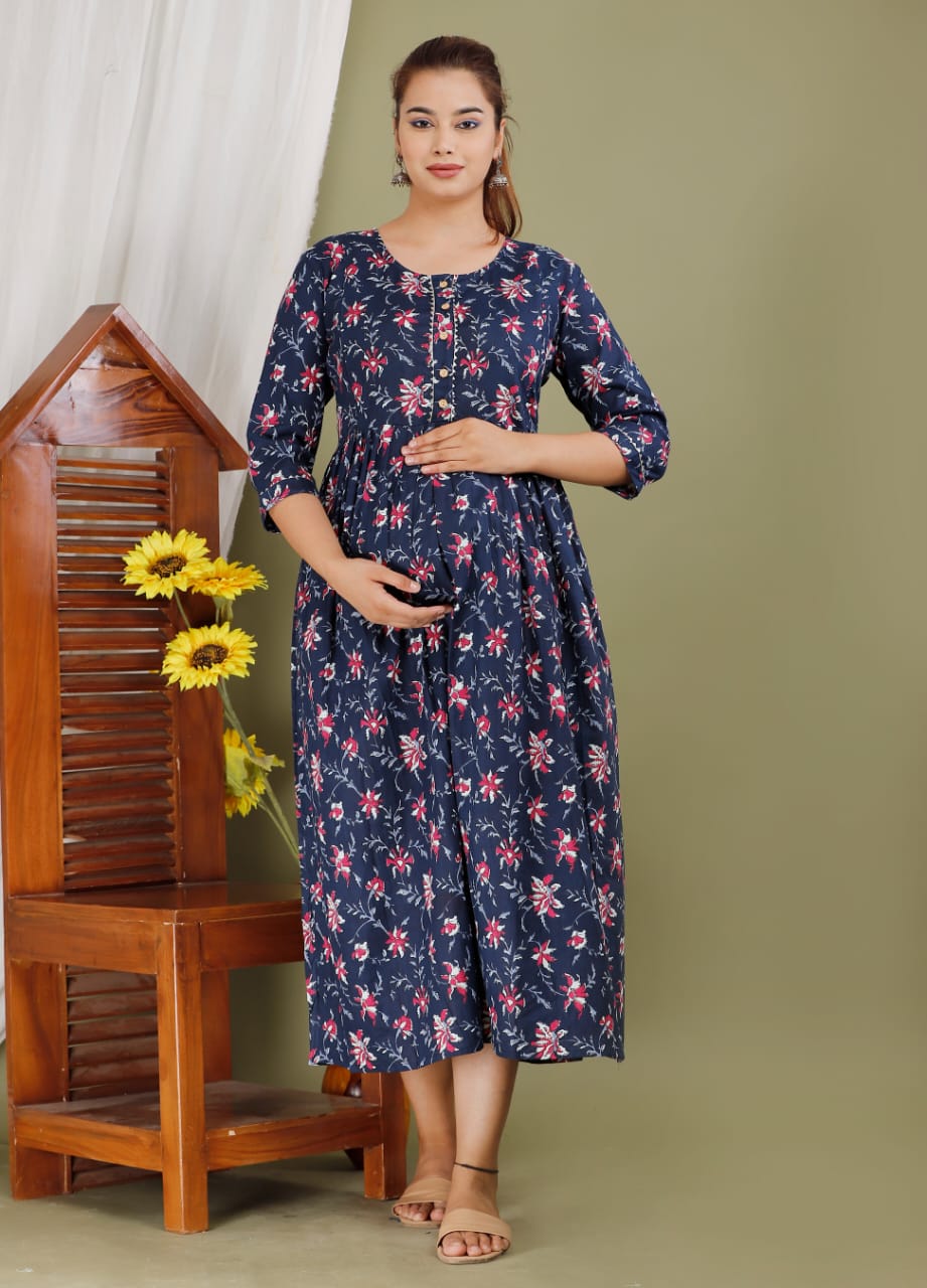 Blue patti  Cotton  printed maternity and feeding kurti