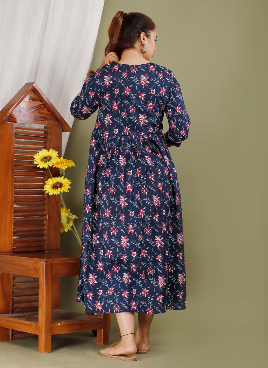 Blue patti  Cotton  printed maternity and feeding kurti