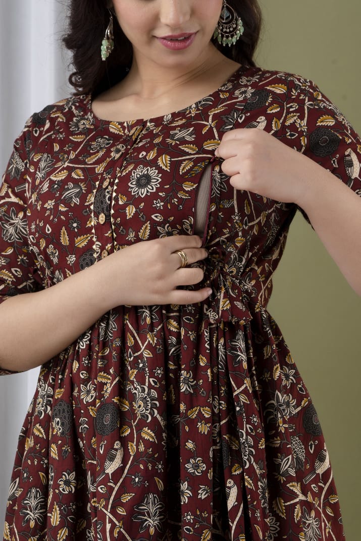 Brown chidi Cotton printed maternity and feeding kurti