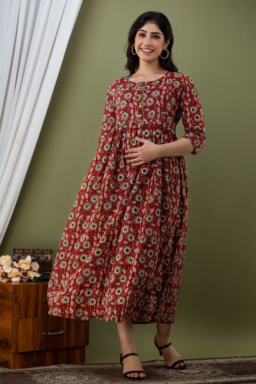 Dark brown delight Cotton printed maternity and feeding kurti