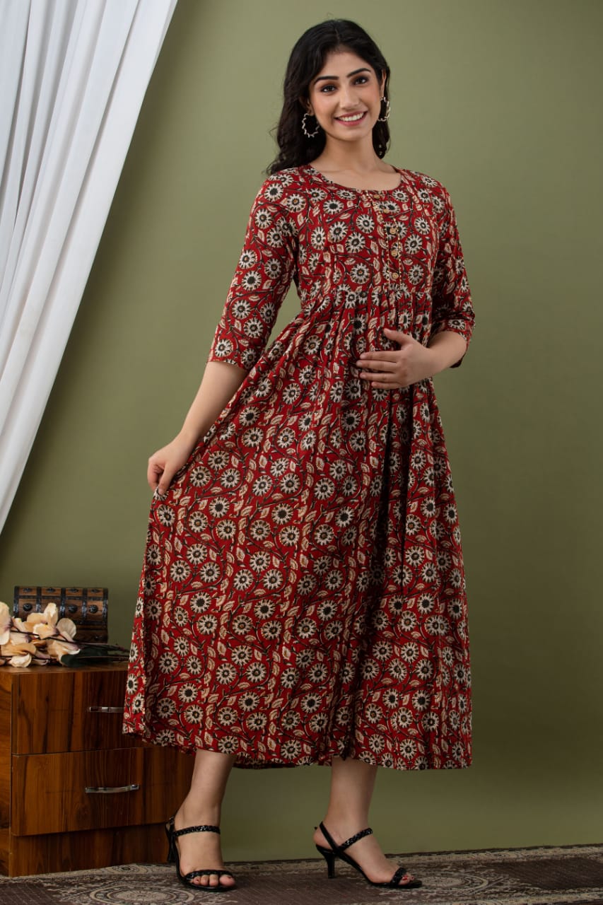 Dark brown delight Cotton printed maternity and feeding kurti