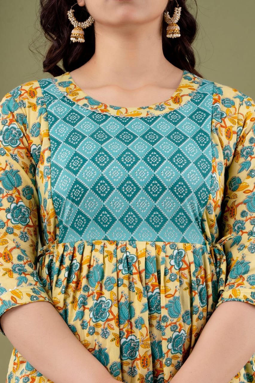 Golden Skies and Blue Cotton printed maternity and feeding kurti