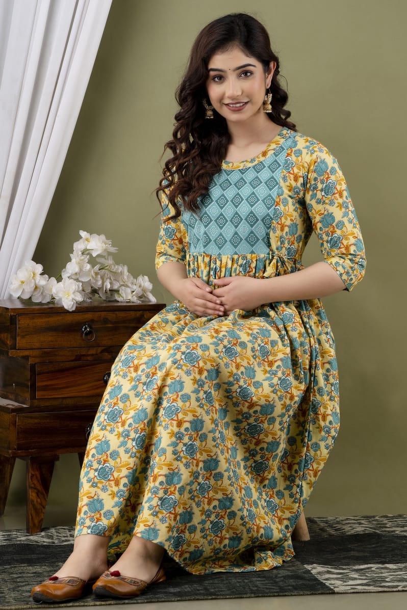 Golden Skies and Blue Cotton printed maternity and feeding kurti